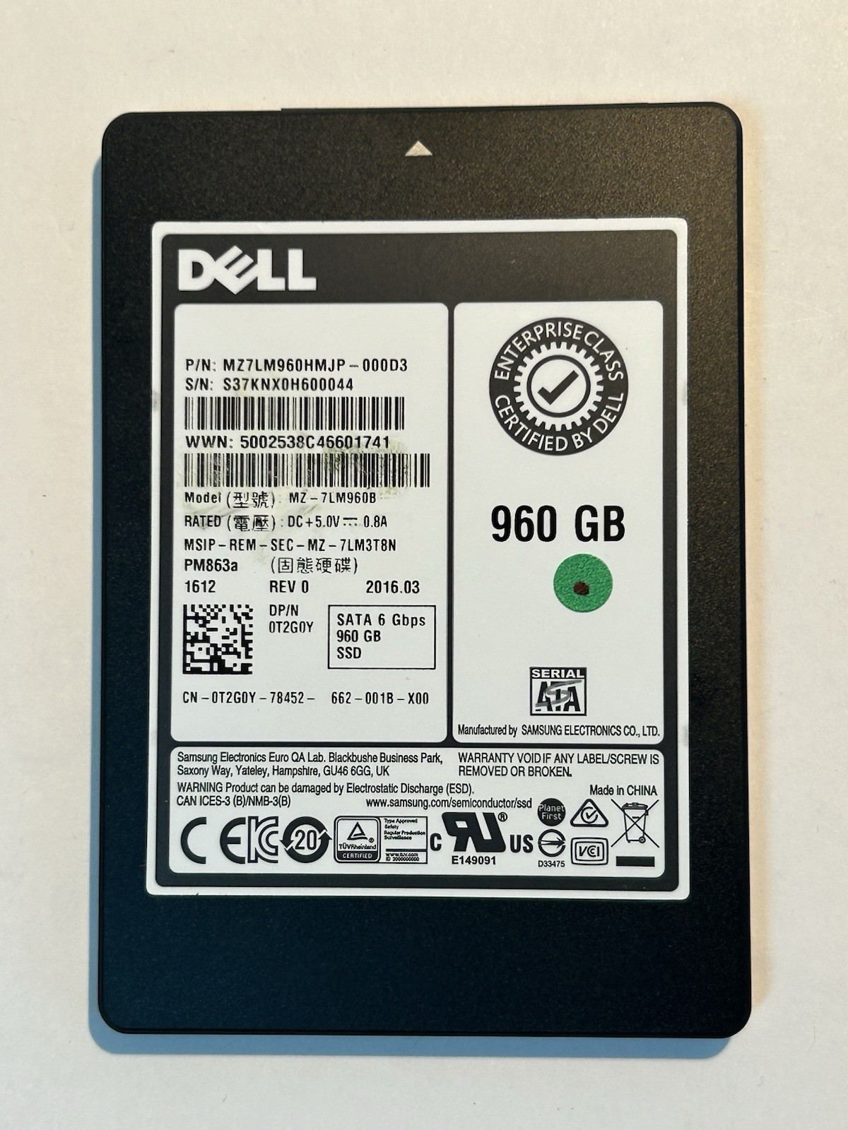 Dell T2G0Y 960GB 2.5” SATA 6Gbps SSD MZ-7LM960B