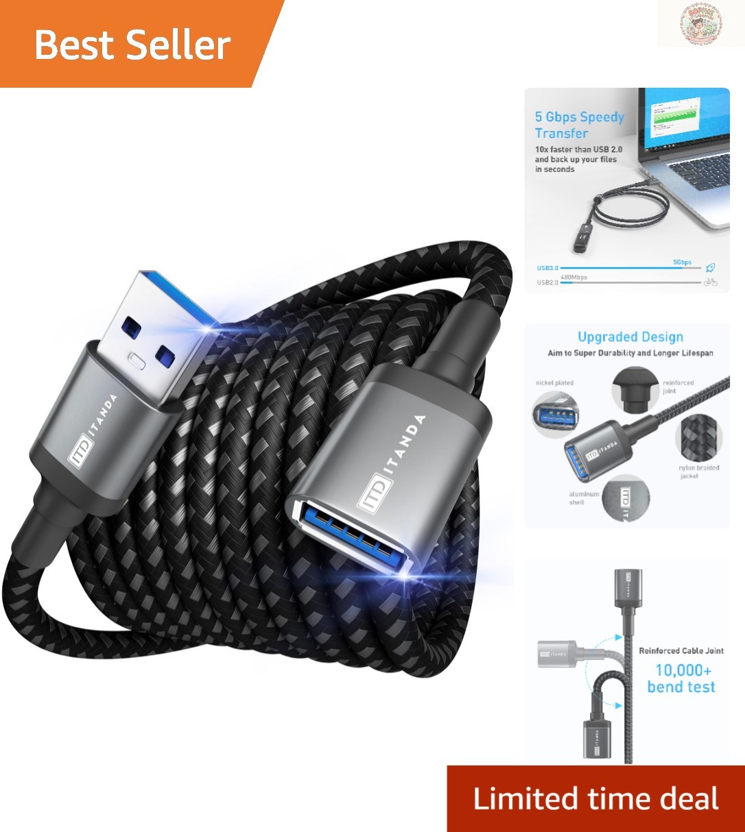 Nylon Braided 10FT USB Extension Cord - 5Gbps Speed & Long-lasting Performance