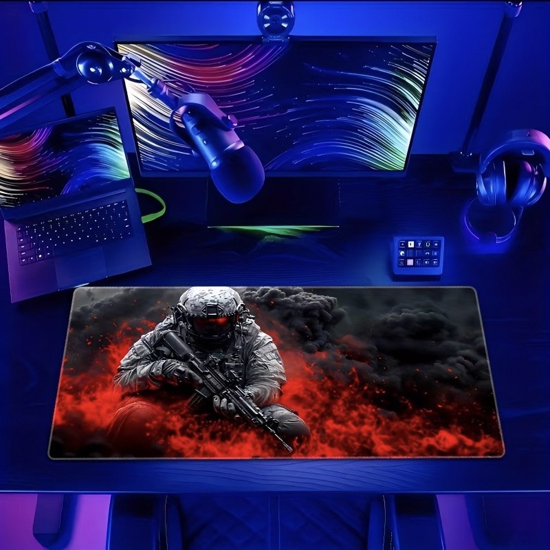1pc Mouse Pad, Fully Armed Special Forces in Burning Red Flames And Rolling Bl