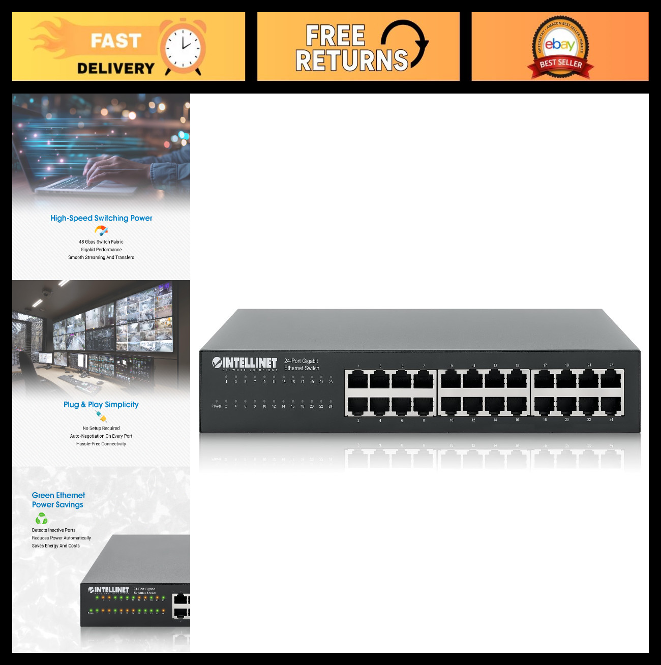 24-Port Gigabit Ethernet Switch, Unmanaged, Rackmount/Desktop, High-Speed Networ