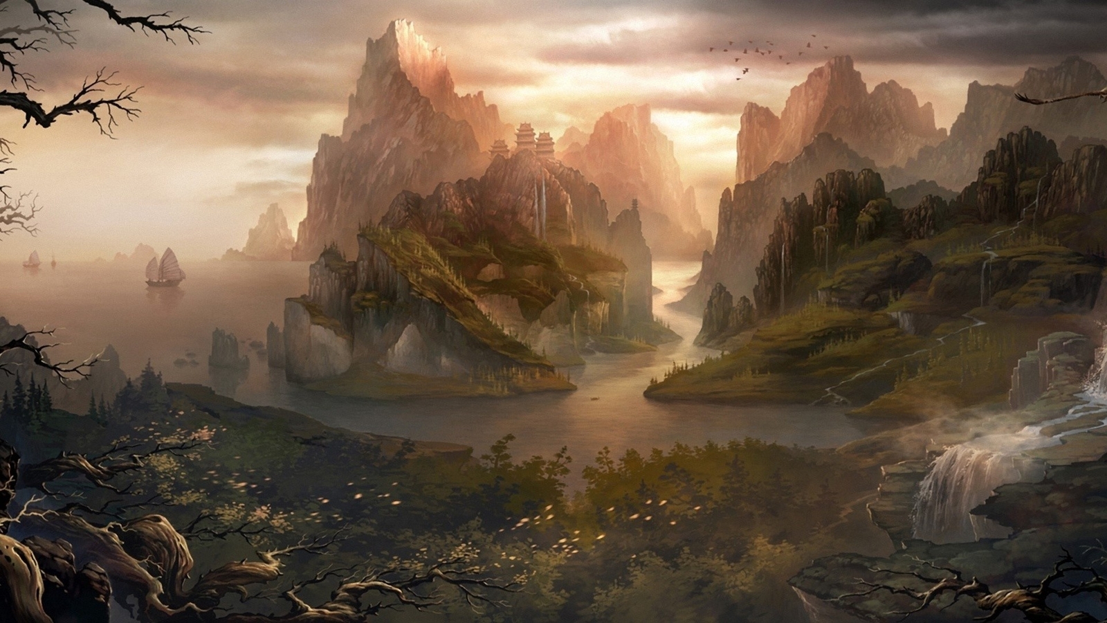 Landscape  art fantasy nature water rocks hills Custom Gaming Mat Desk