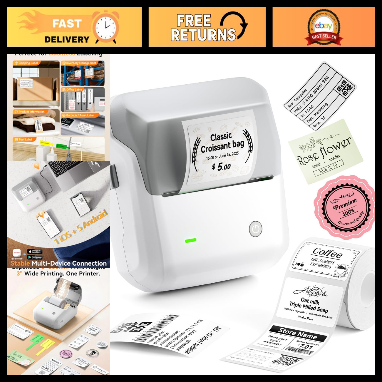 3 Inch Bluetooth Thermal Label Maker Printer - High Speed, Easy to Use, Portable