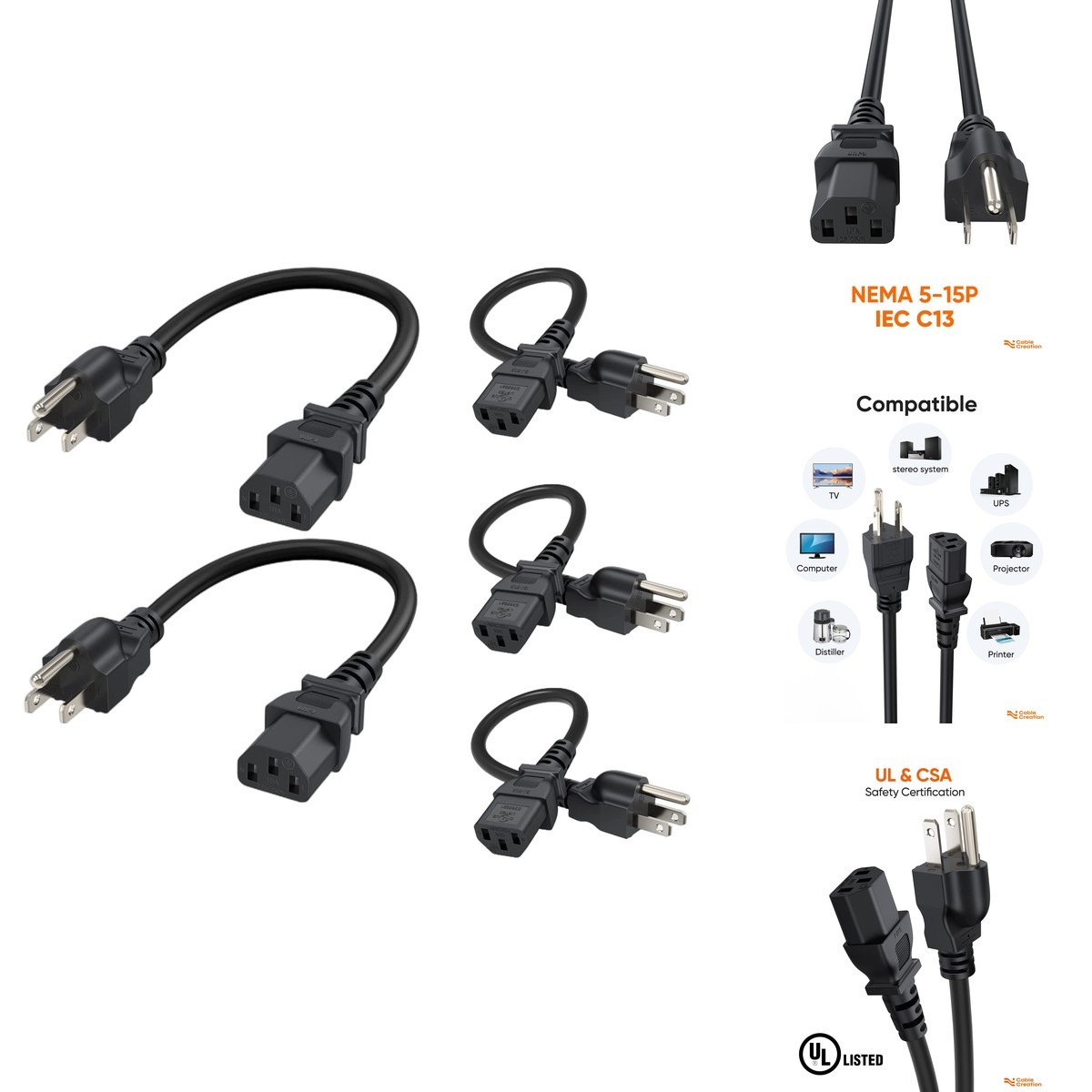 CableCreation 5-Pack 1FT Power Cord NEMA 5-15P to IEC320C13