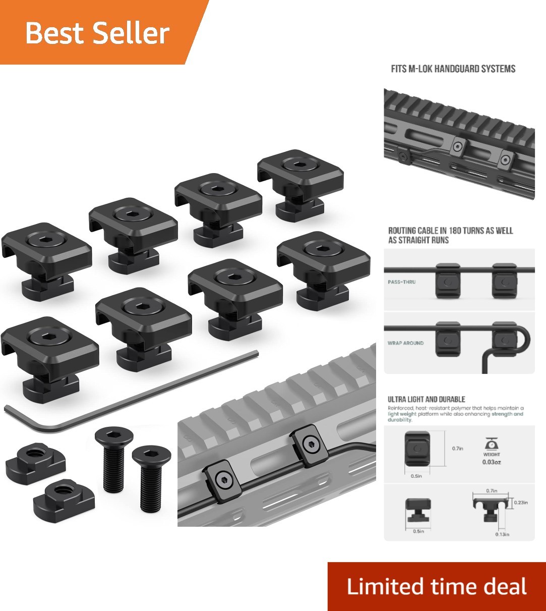 8 Pack M-LOK Pressure Switch Cable Guides - Durable Polymer Cable Management