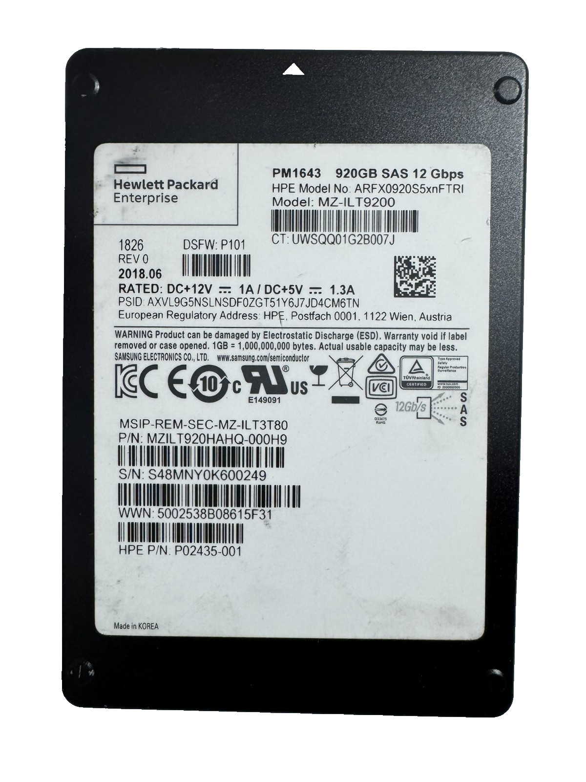 HPE Samsung PM1643 920GB 2.5" SAS SSD 12Gbps/512b/s/Good Health-74%
