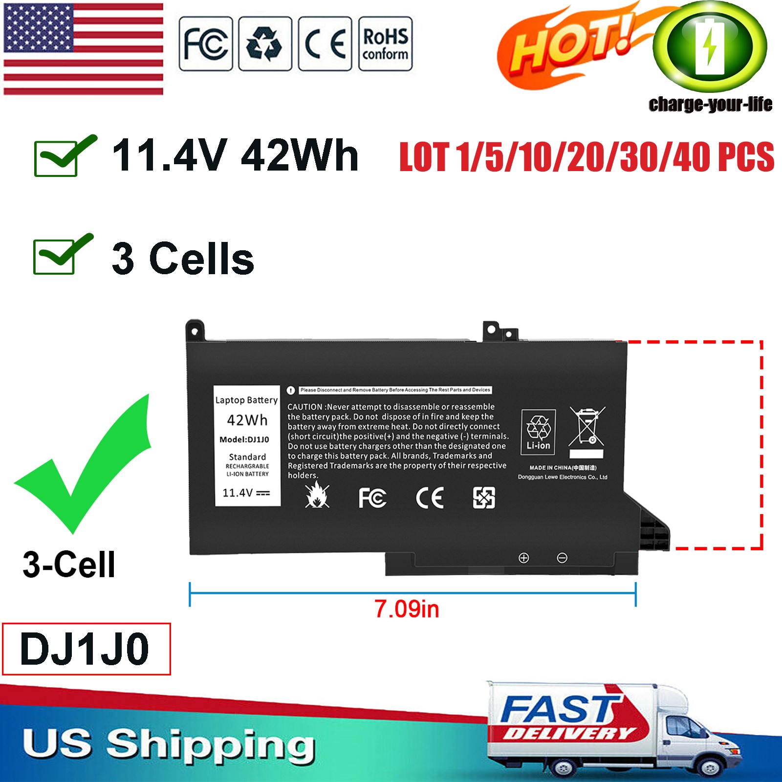 ✅LOT DJ1J0 Battery for Dell Latitude 12 7280 7290 13 7380 7390 14 7480 7490 42Wh