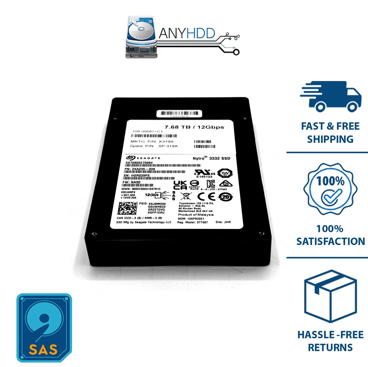 Seagate Nytro 3332 7.68TB SAS 12Gbps 2.5in ENT SSD XS7680SE70084 100% health
