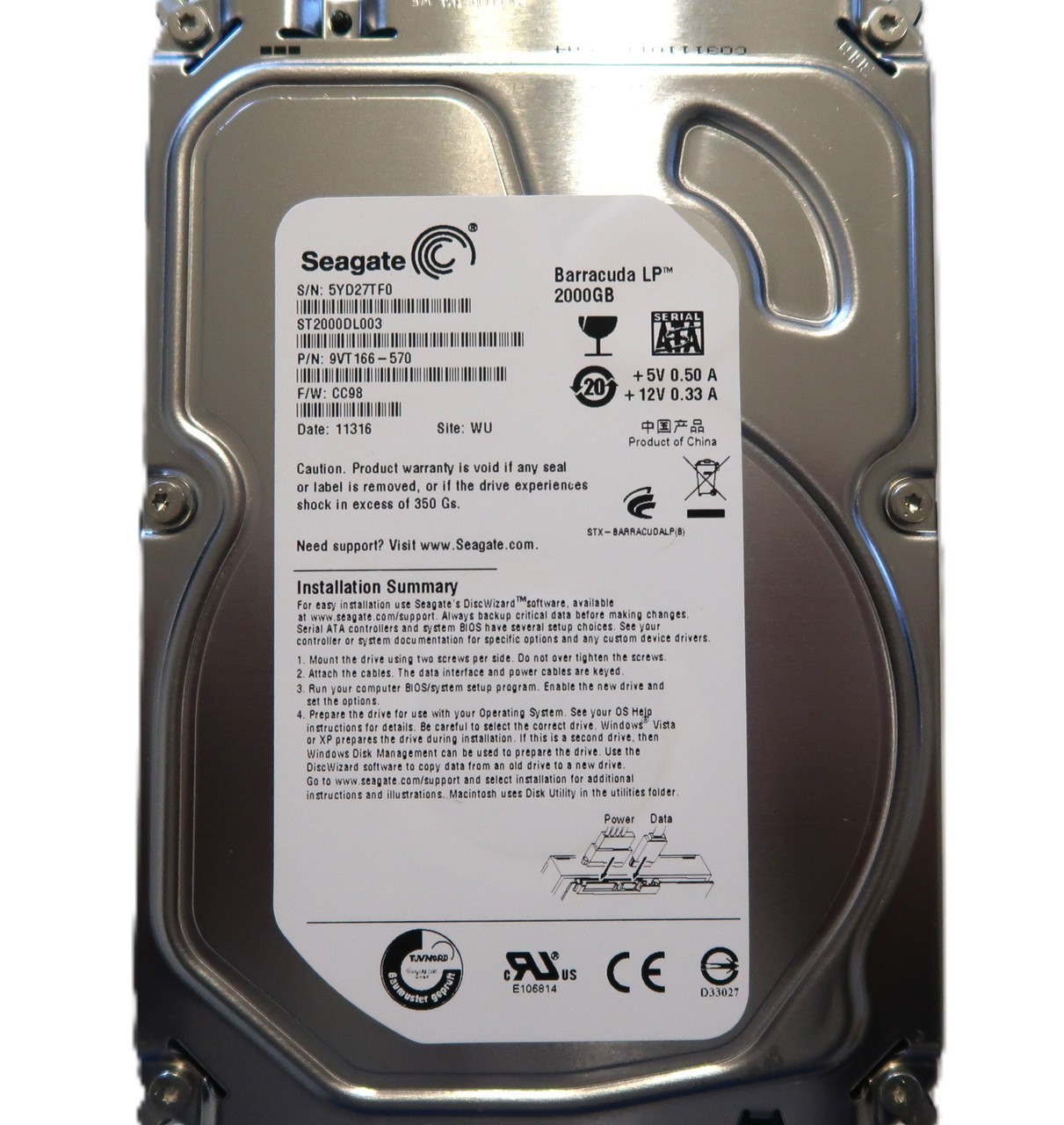 ST2000DL003 PN: 9VT166-570 FW: CC98 Site: WU China (5YD) 3.5" 2TB Sata FEB/2011