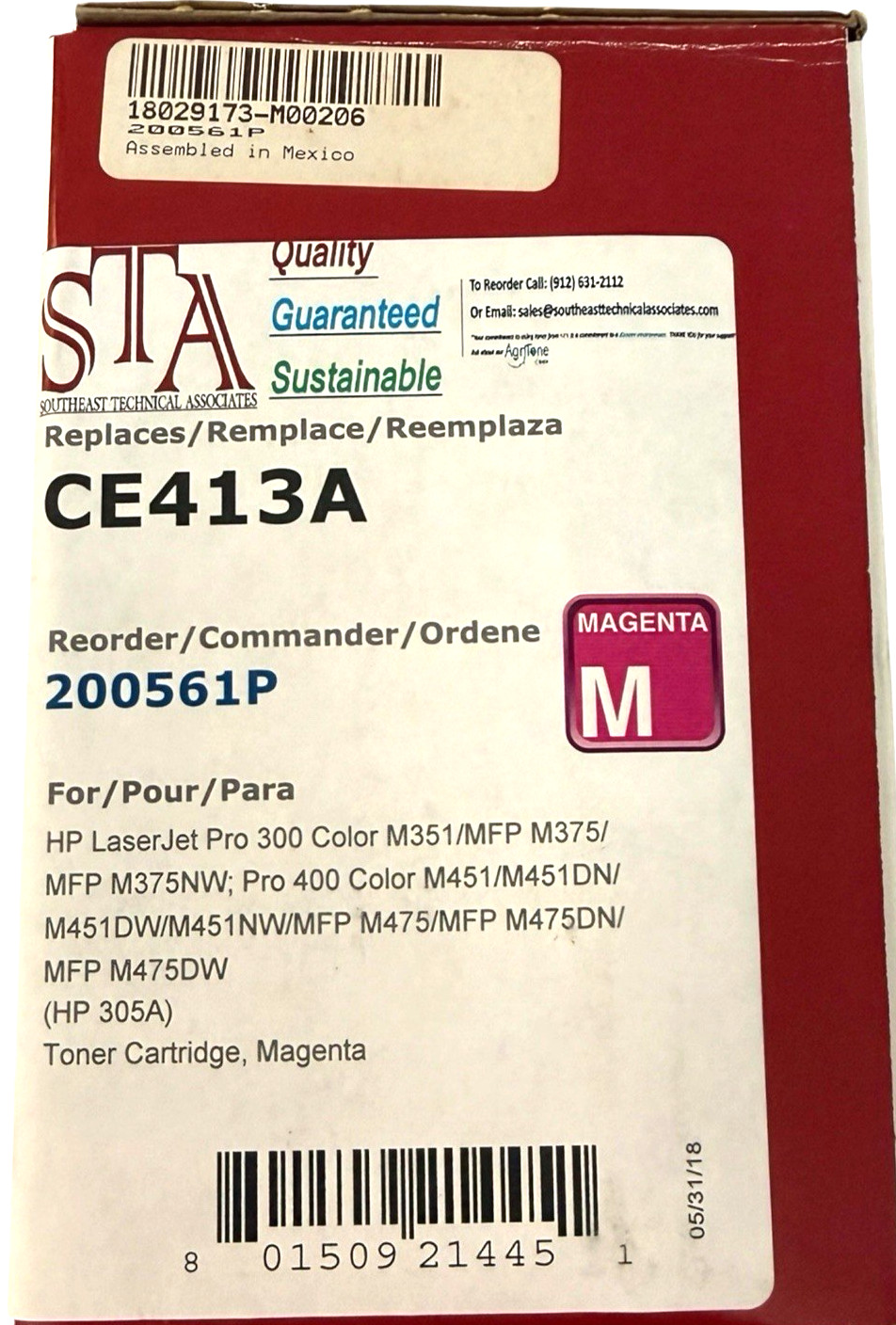 HP CE413A Premium Replacement Toner Cartridge Magenta HP 300/400 Pro NEW STA
