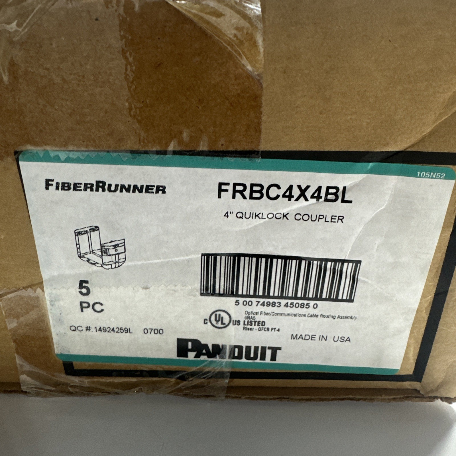 Lot of 5 New Panduit FiberRunner 4"x4" QuickLock Coupler FRBC4X4BL, Black