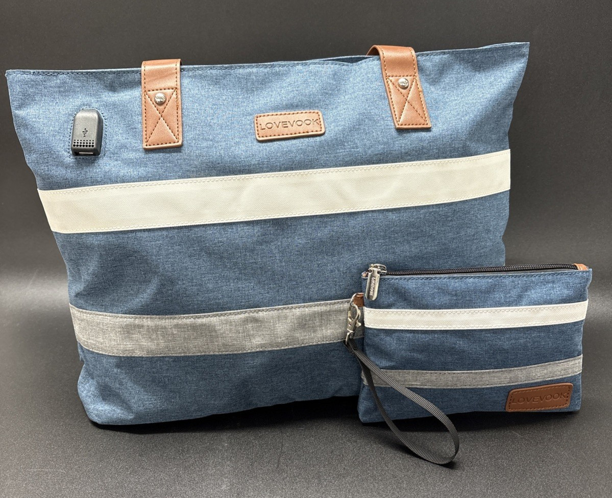 LOVEVOOK Laptop Tote Bag w/ USB Port + Wristlet • Blue Canvas Work Bag NWOT