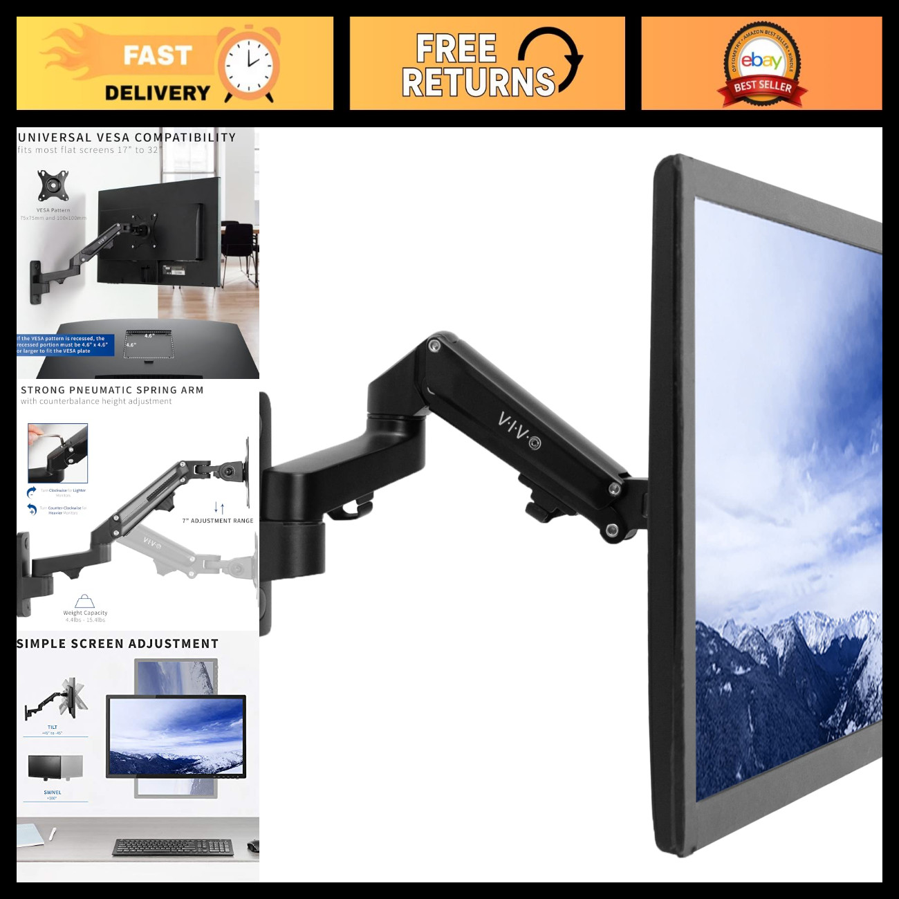 Adjustable Black Single Monitor Wall Mount for 17-32" Screens, Space-Saving Desi