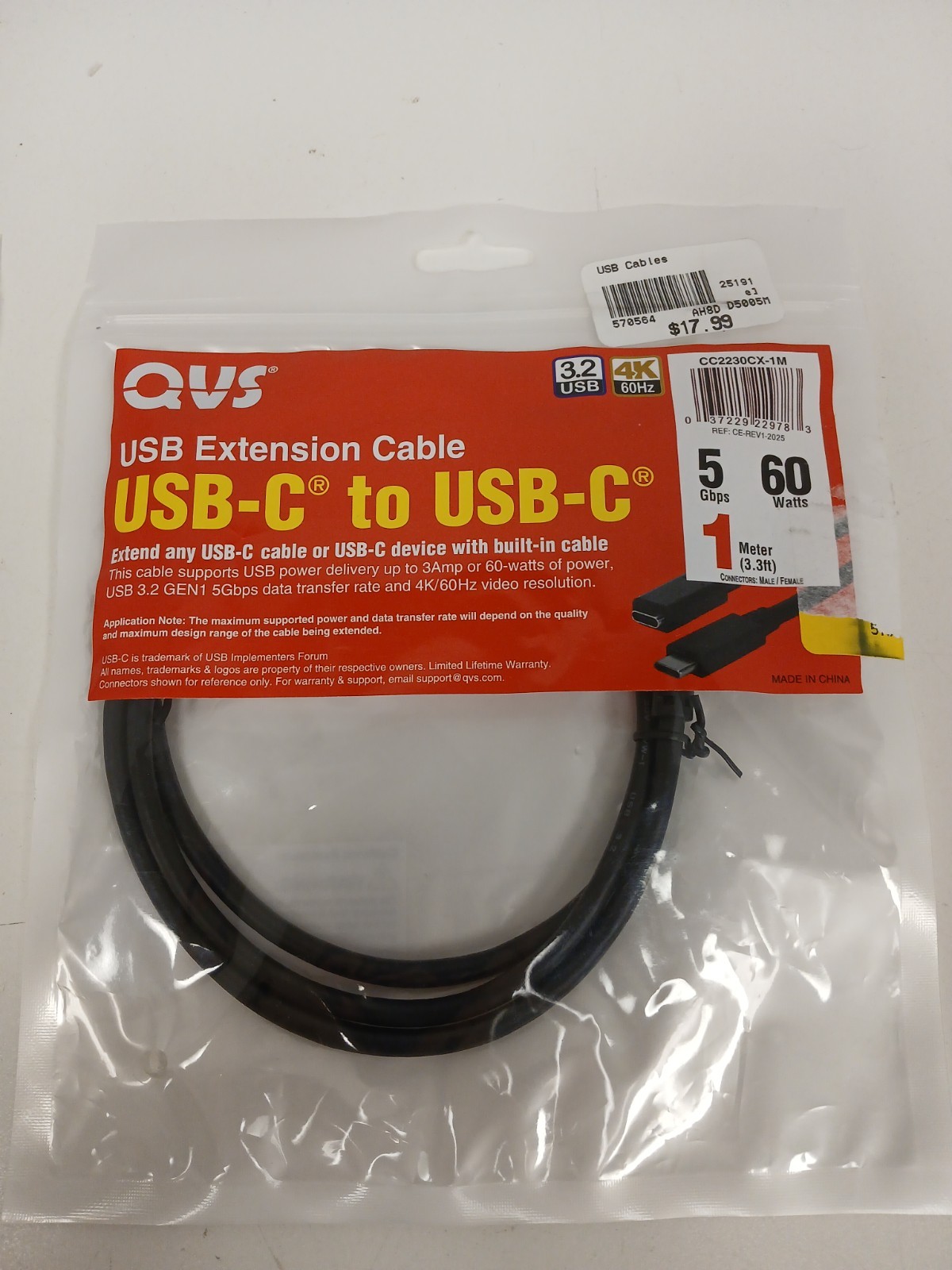 QVS USB-C To USB-C Extension Cable 5Gbps 60 Watts, 3.3ft