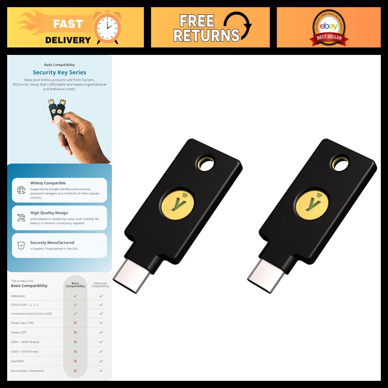 Multi-Factor Authentication Security Key NFC USB-C FIDO Certified - 2 Pack