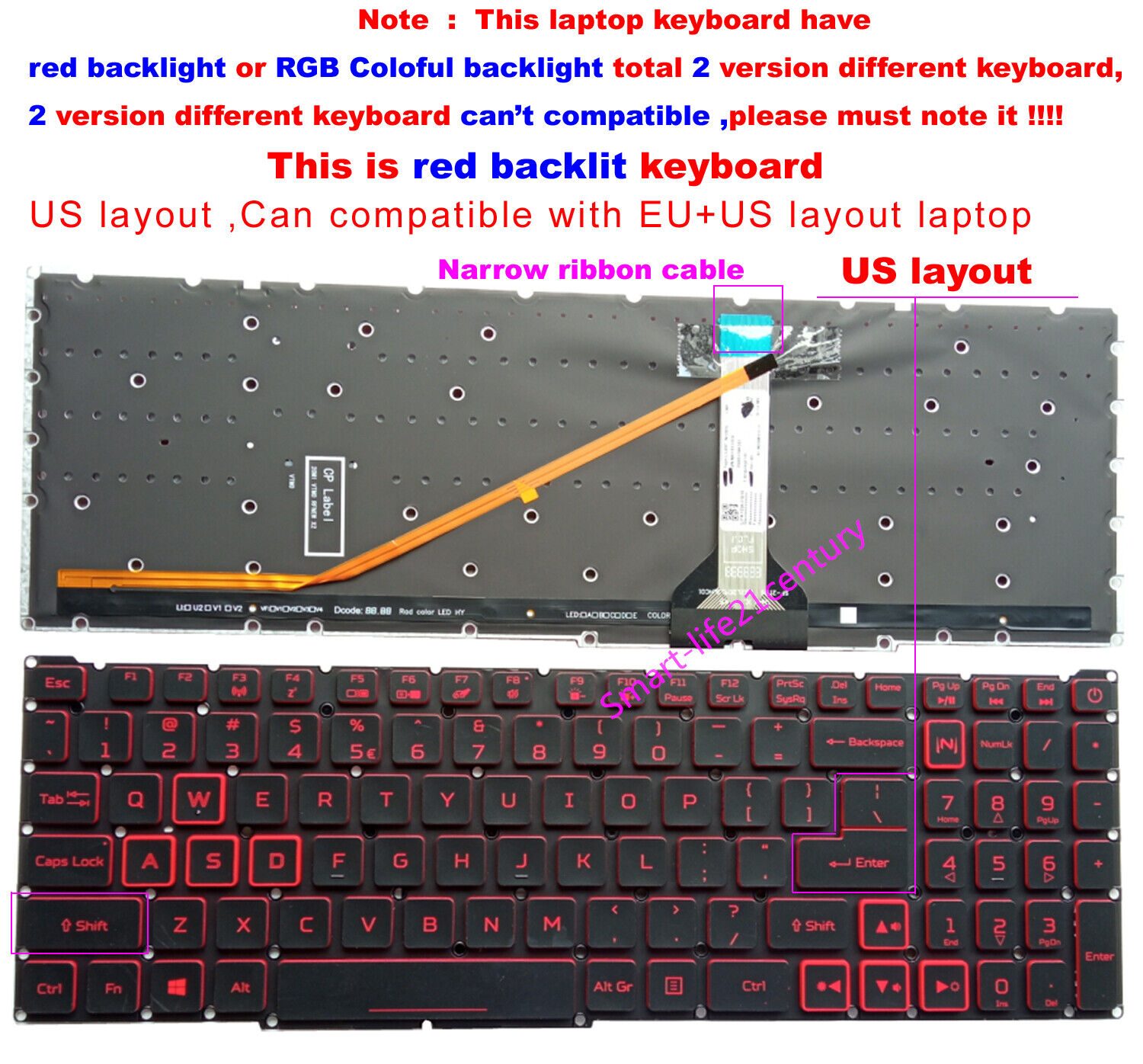 New US red backlight Backlit Keyboard For Acer Nitro AN515-56 AN515-57 laptop