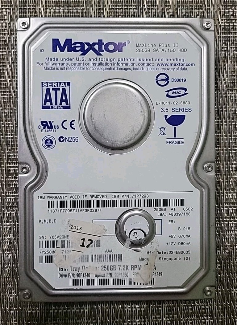 Maxtor IBM 71P7298 90P1346 250GB 90P1349 7200RPM SATA 3.5" HARD DISK DRIVE