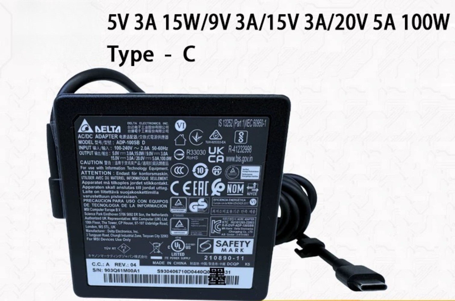 Genuine Delta 100W USB-C Charger ADP-100SB D Type C Power Supply AC Adapter
