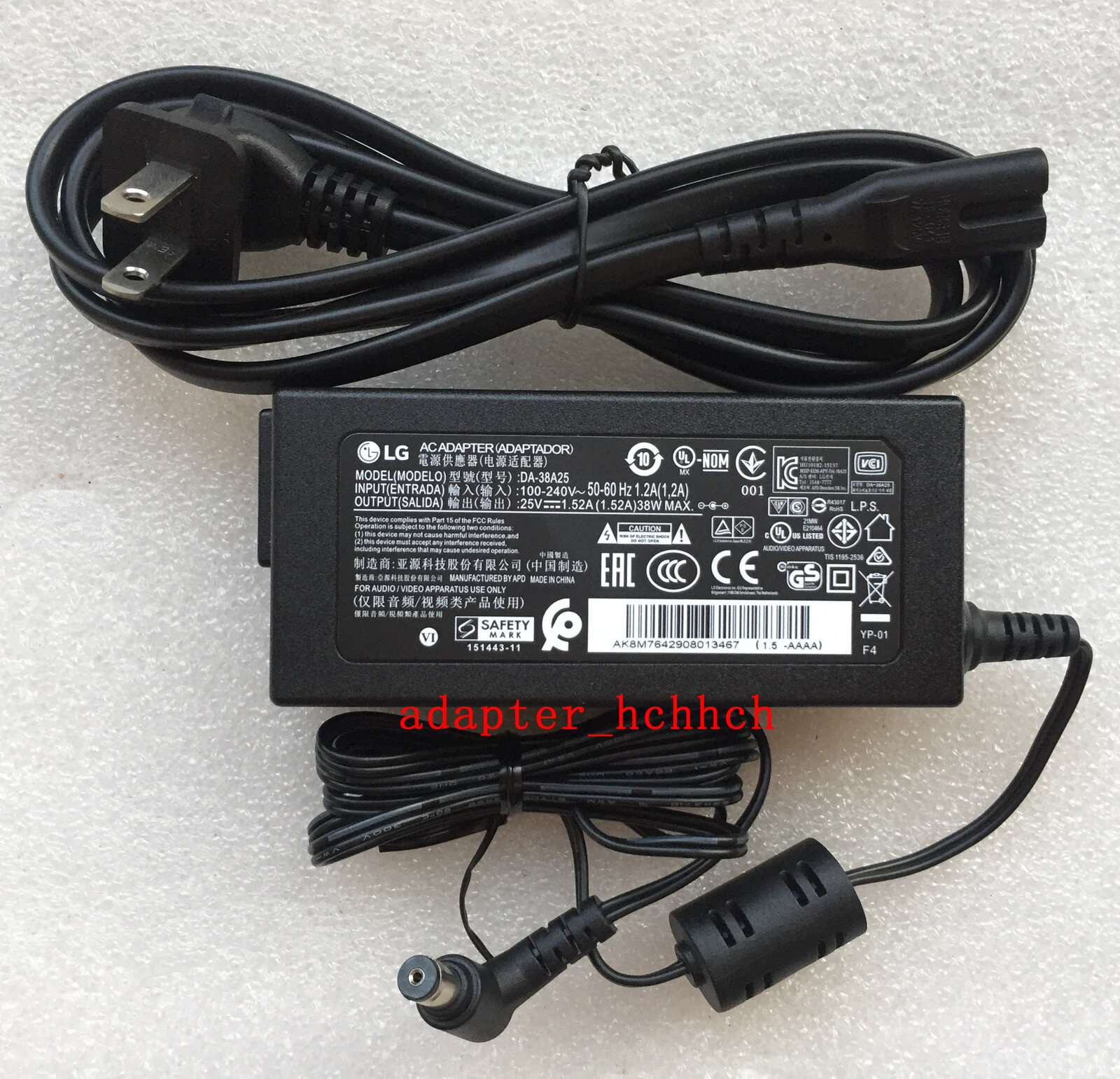 Original OEM LG SK8Y SK8Y,SPK8-W Wi-Fi Sound Bar DA-38A25 EAY64290801 AC Adapter