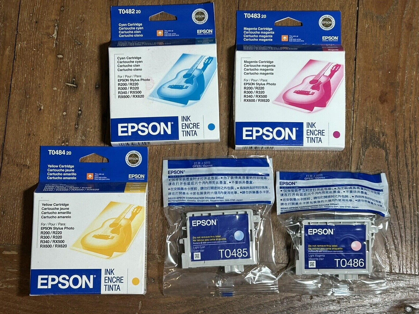 5 Sealed Epson Ink cartridges TO482  TO483  TO484  TO485  TO486