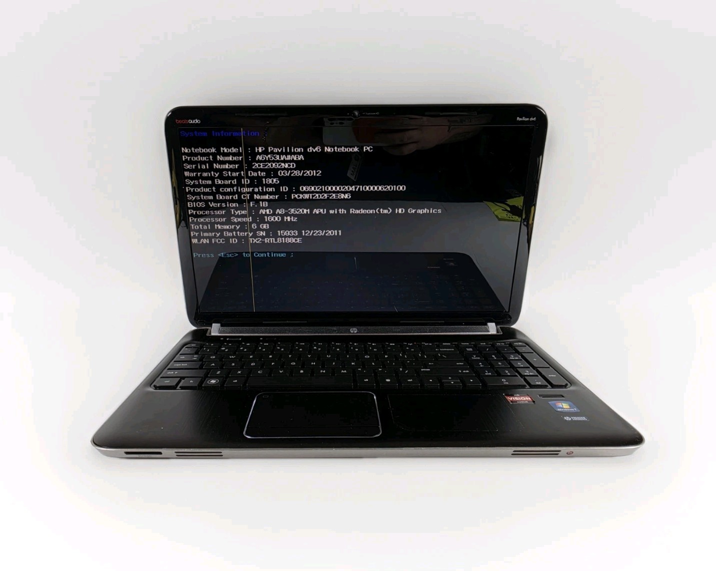 HP Pavilion DV6-6C35DX AMD A8-3520 6GB Ram, 600GB HDD No Os