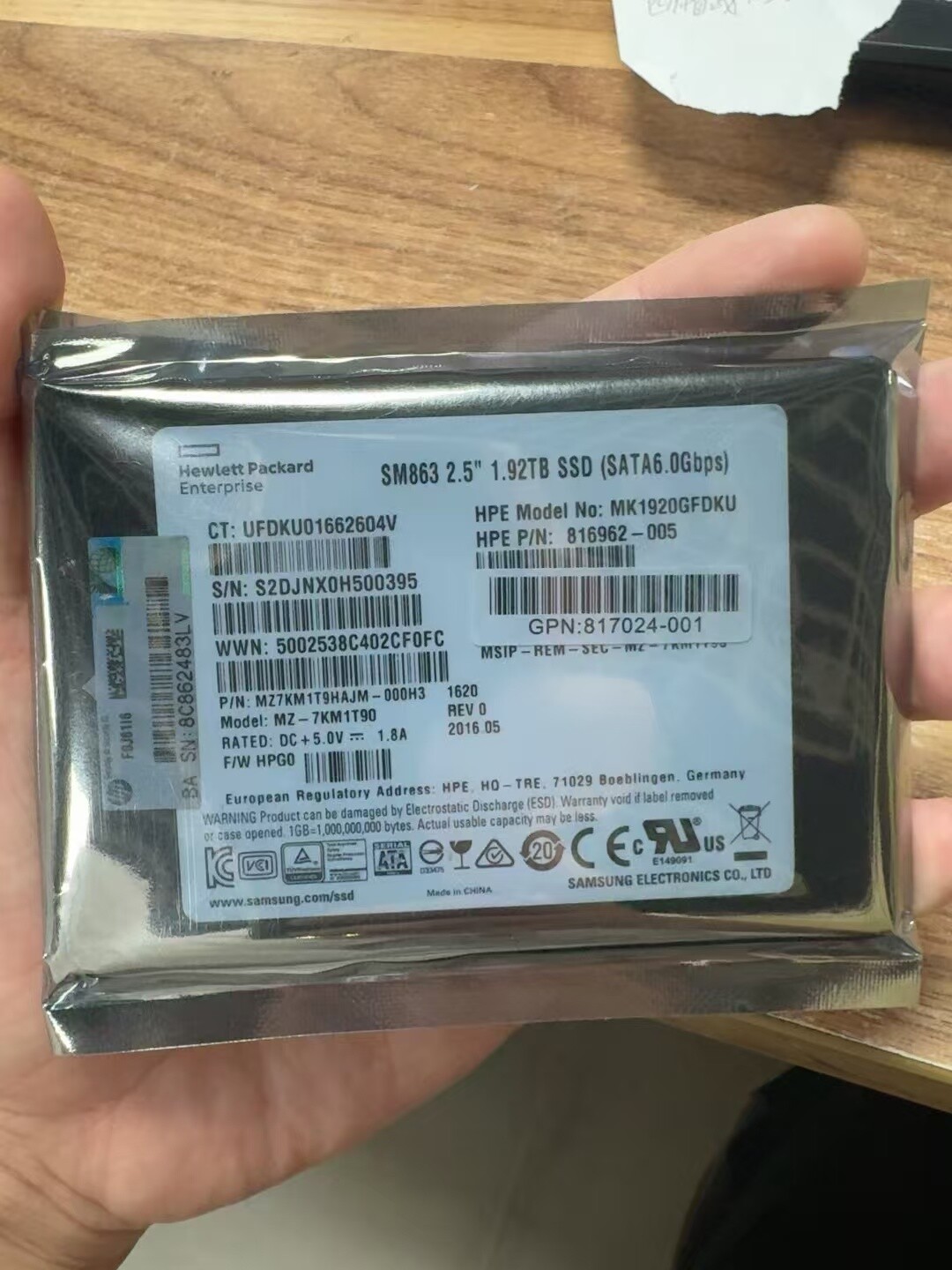 Samsung SM863 1.92TB HPE 2.5'' SATA MK1920GFDKU 816962-005 MZ-7KM1T90 SSD