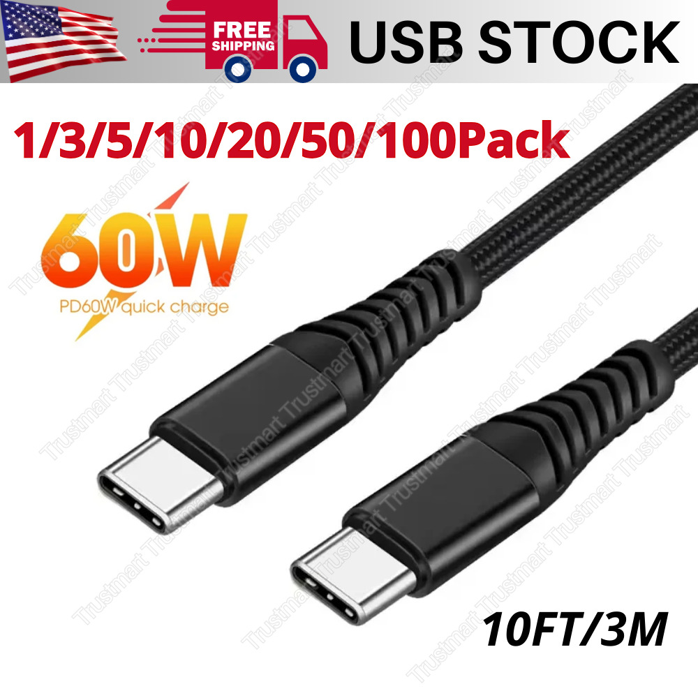 Lot 60W USB-C to USB-C Type-C Cable PD Fast Charger Charging Data Sync Cord 10ft