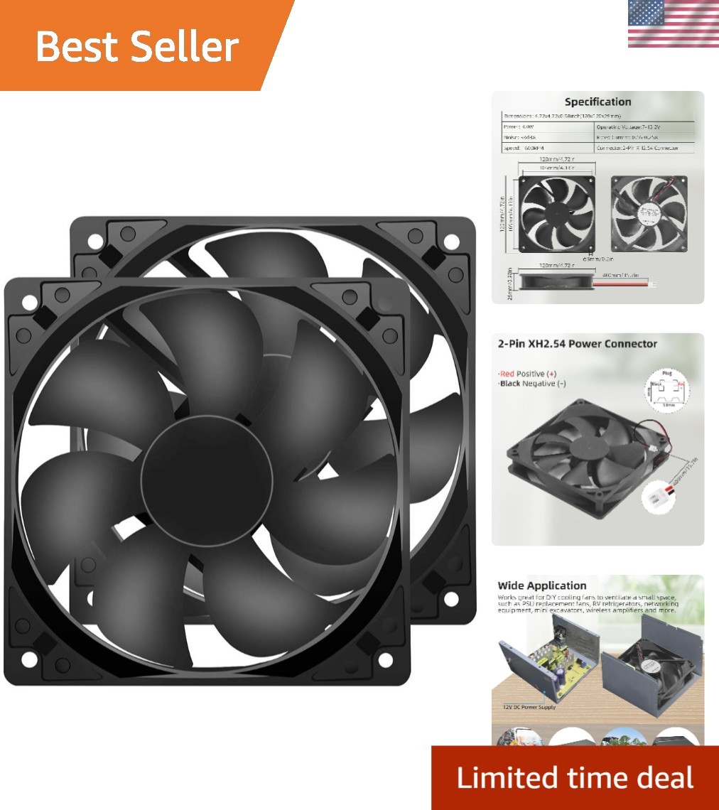 12V DC 120mm 120x120x25mm Cooling Fan 2Pin 2Wire 1600RPM 2-Pack