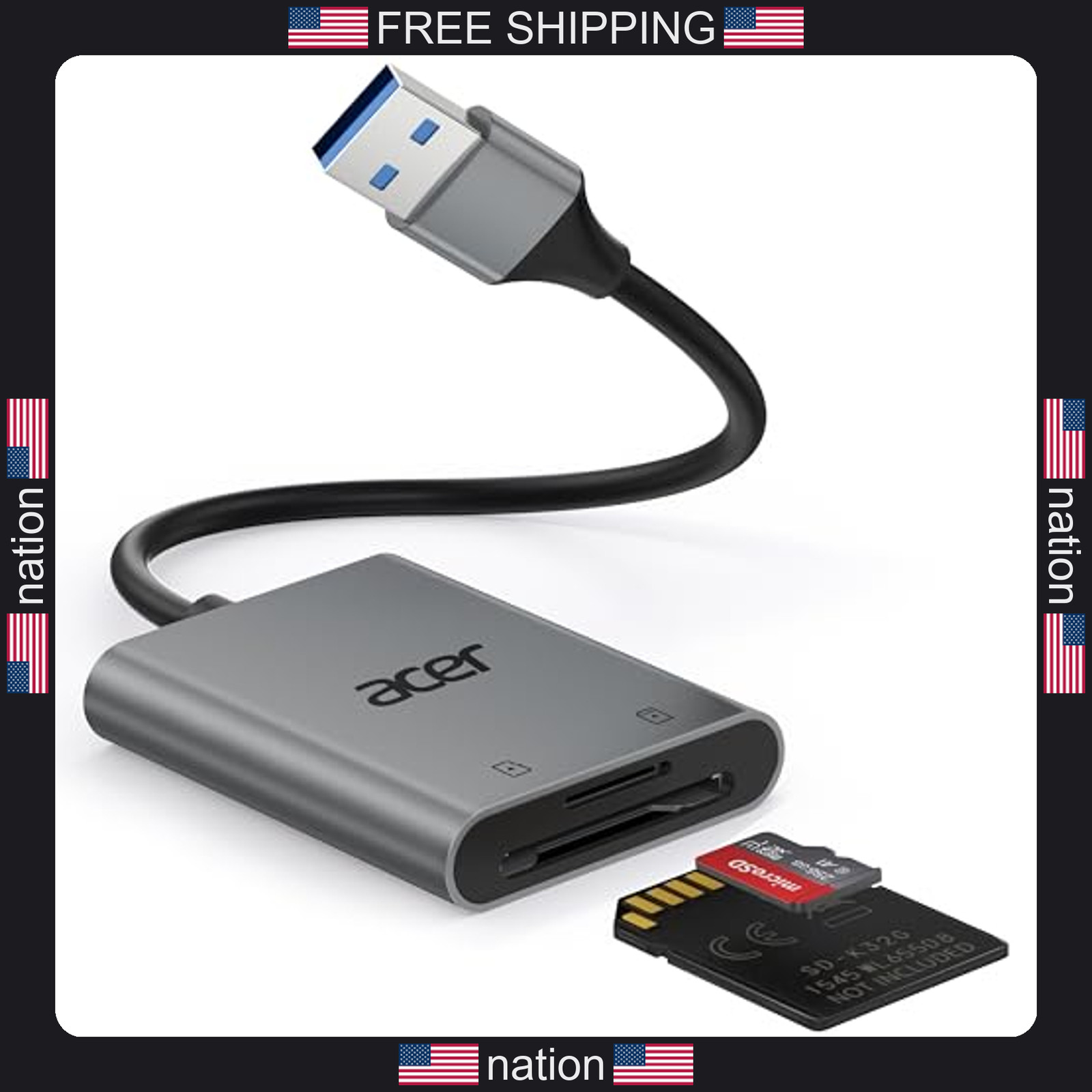 Acer SD Card Reader, USB A 3.0 to Micro Memory Card Reader, Aluminum Dual Slot