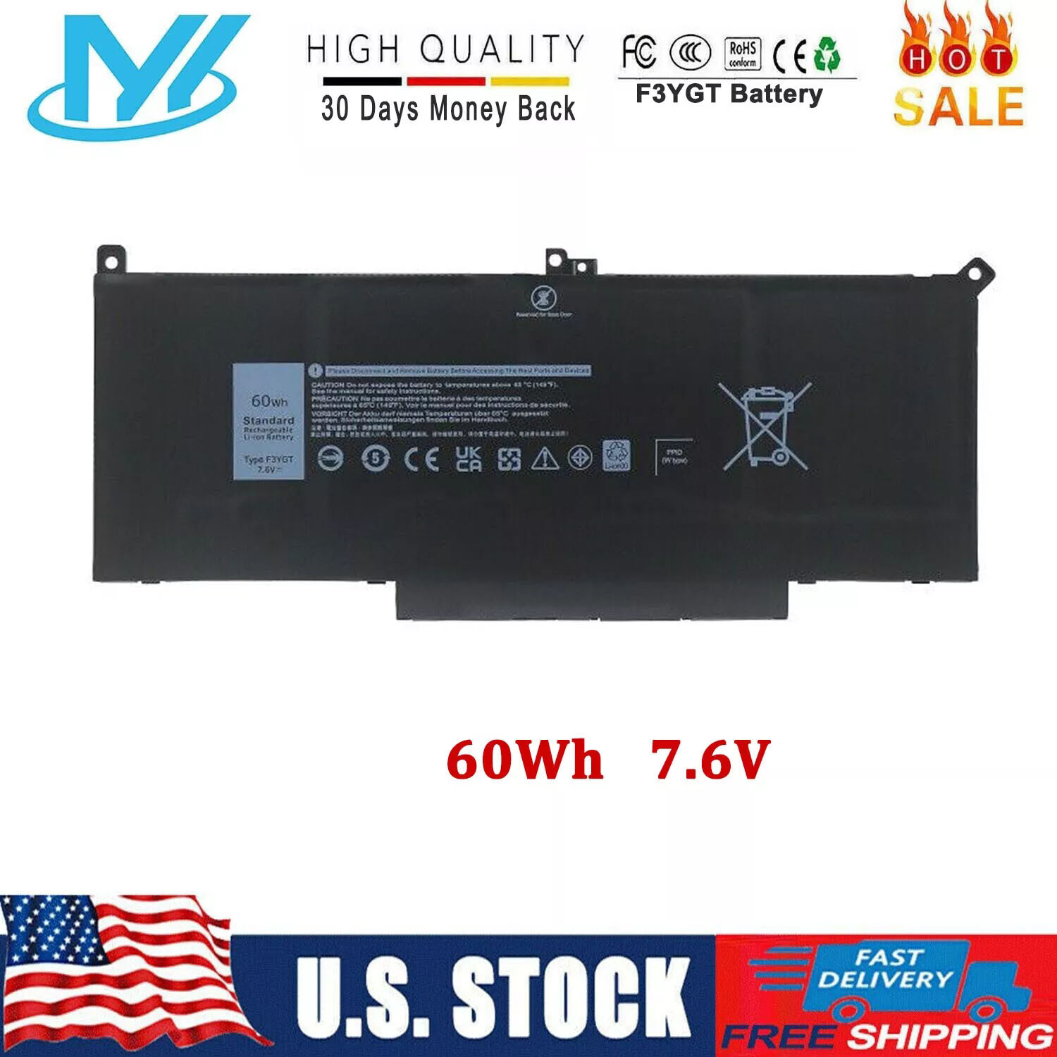 ✅Lot 10 F3YGT Battery For Dell Latitude 12 13 14 E7280 E7480 7480 7490 7380 7390