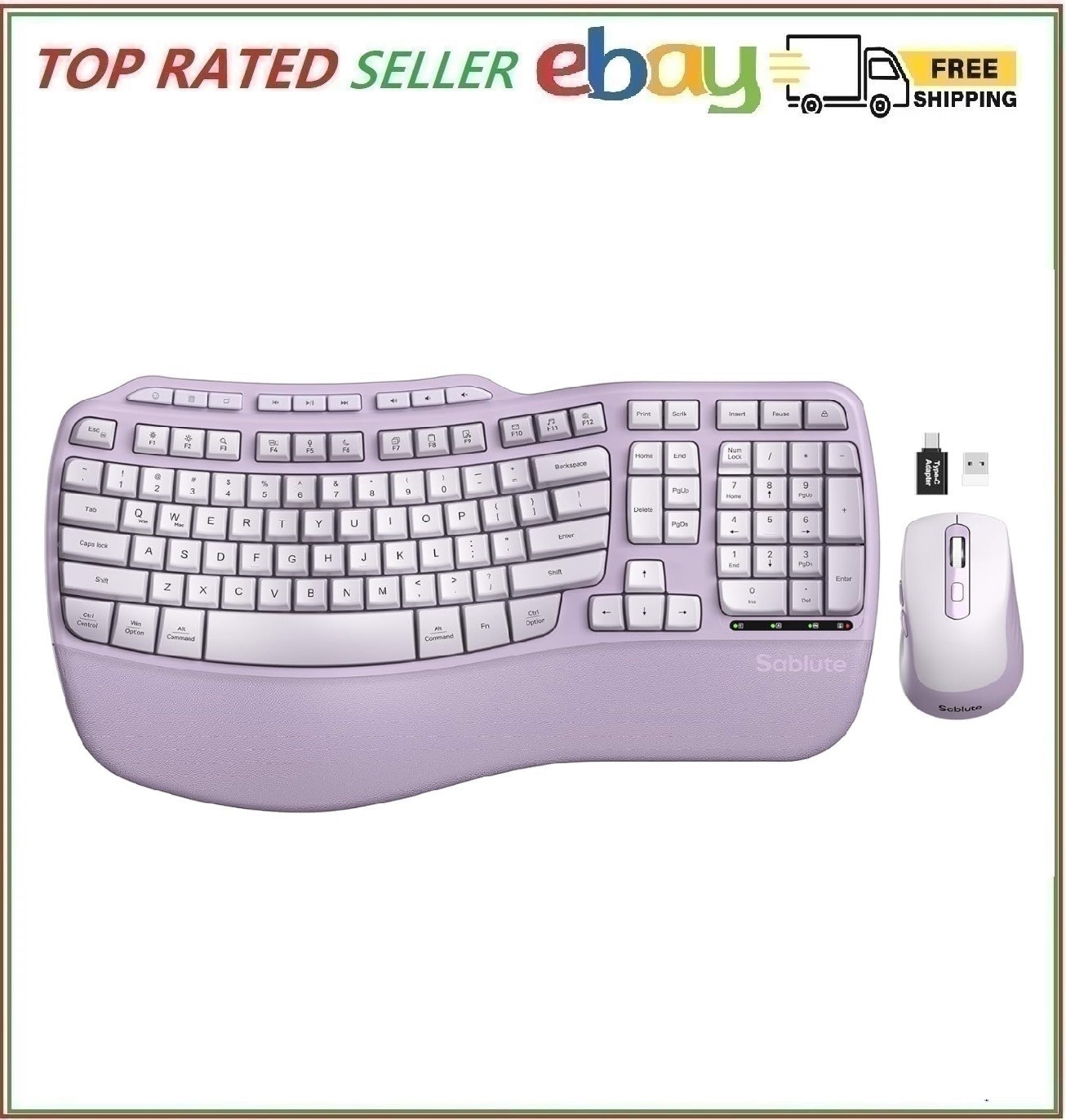 Purple Ergonomic Wireless Keyboard and Mouse Combo, Sablute 2.4G Full Size Ergo