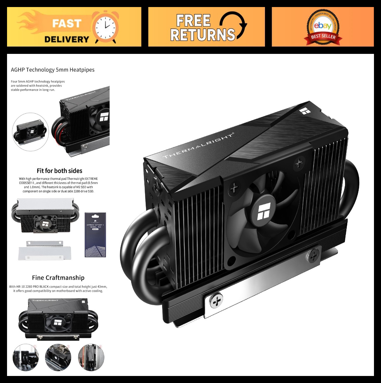 M.2 2280 SSD Heatsink Cooler, Double-Sided Heat Sink, 4 Heatpipes, Thermal Pad