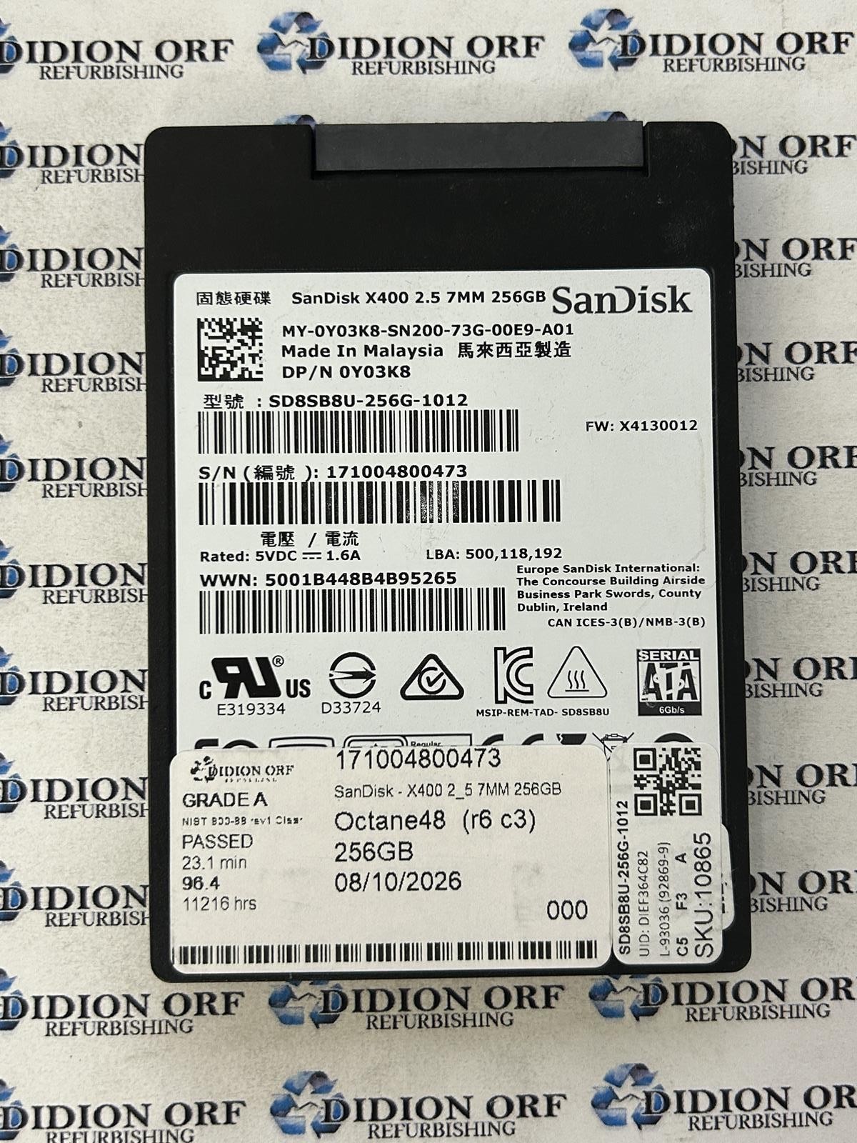 SANDISK 256GB 2.5" SATA SSD SD8SB8U-256G-1012, Grade A, SKU 10865