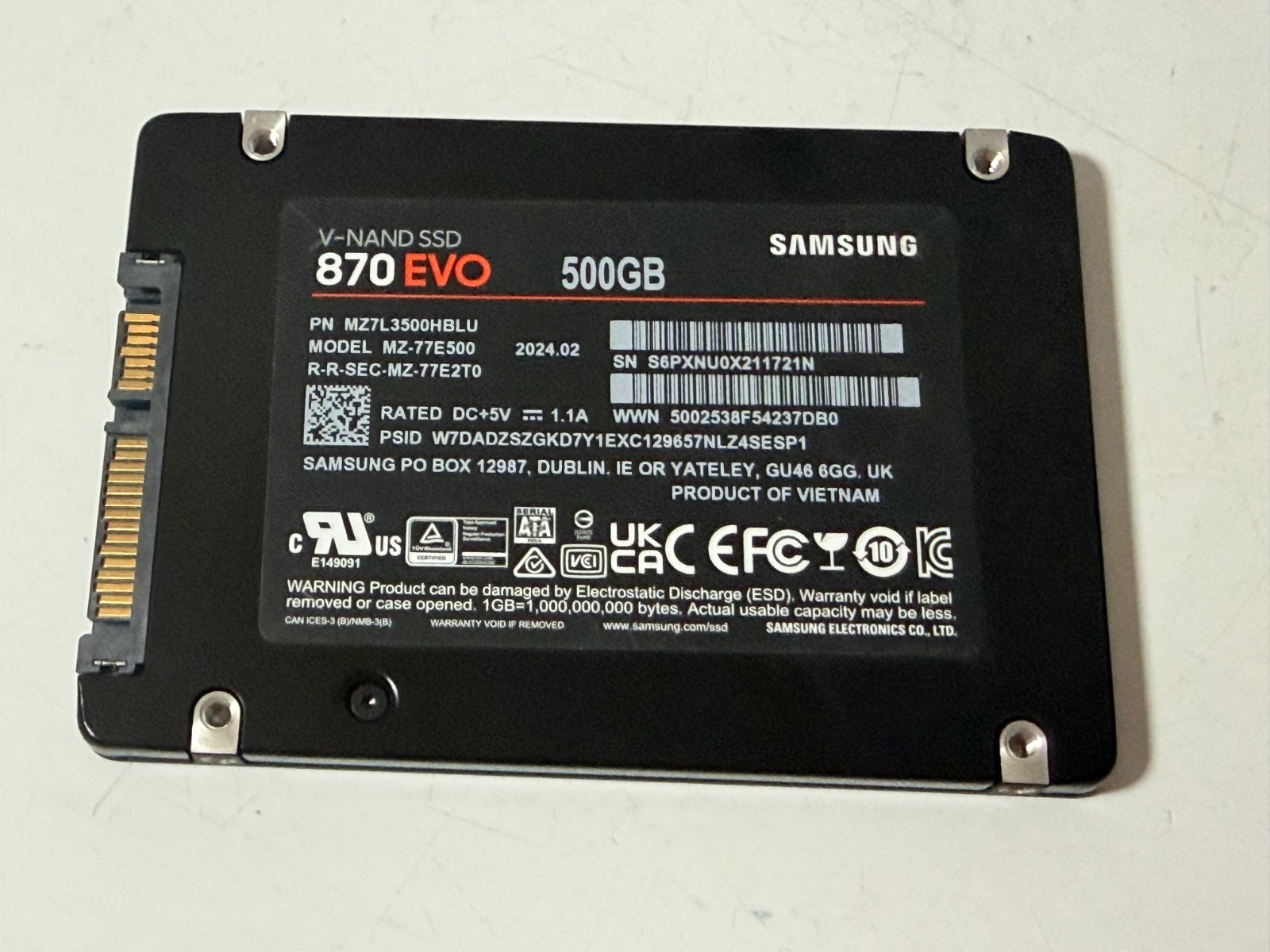 Samsung 870 EVO 500GB 2.5in SATA III Internal SSD . MZ-77E500 99% Health