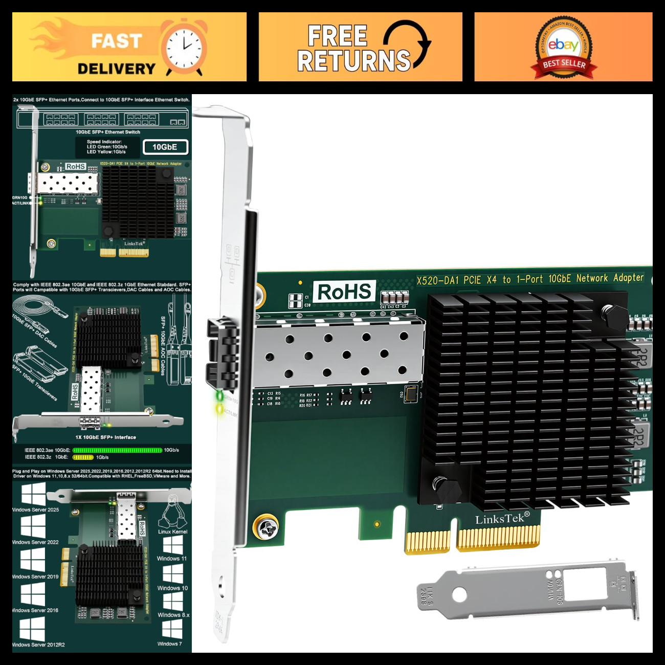 10Gb/s SFP+ Fiber Ethernet Adapter for NAS & PCs, PCIe x4 NIC Card, Gaming Ready