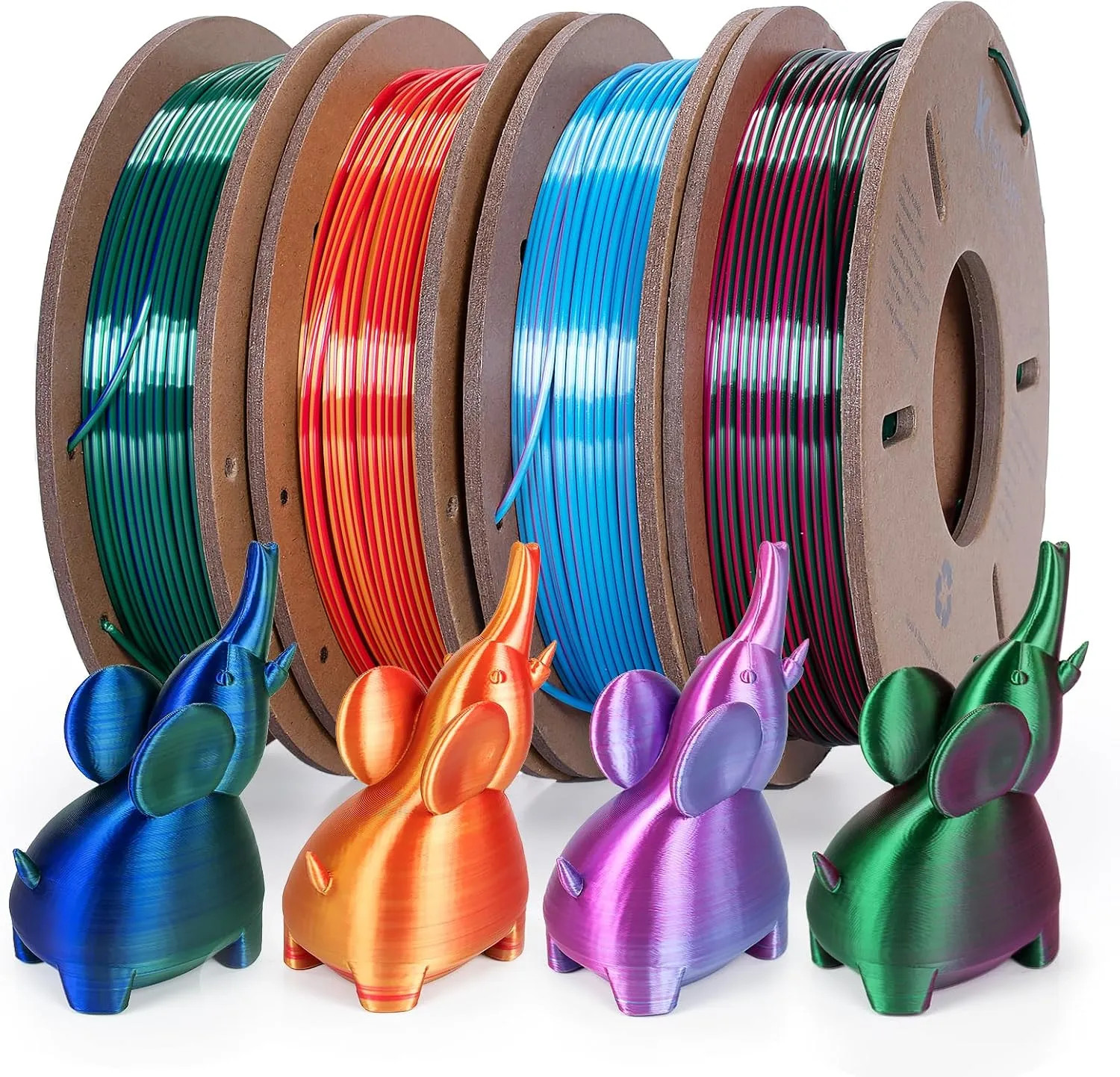Silk Dual Color 3D Printer Filament Bundle 1.75mm PLA 4 Spools 250g Each Mult...