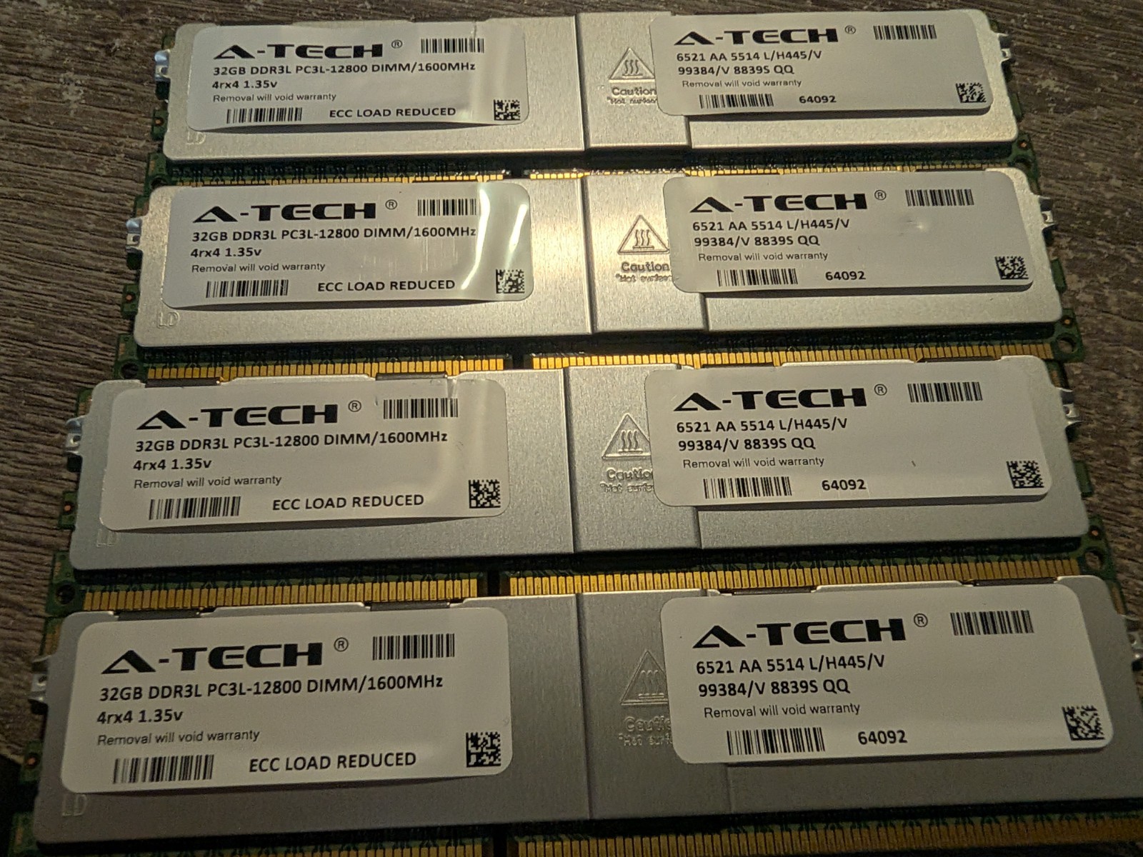 Lot of 4 A-Tech 32GB DDR3L PC3L-12800 DIMM/1600MHz 4rx4 1.35V Server RAM