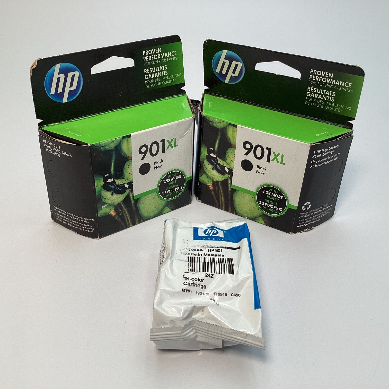 (Lot of 3) HP 901XL Black (2) & 901 Tri-Color Ink Cartridges Exp 2018 - 2019 New