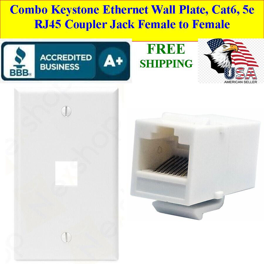 Combo Keystone Ethernet Wall Plate, Cat6, 5e RJ45 Coupler Jack Female to Female 