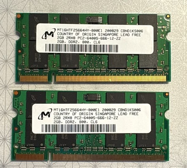 TWO Micron 2GB 2Rx8 PC2-6400S-666-12-ZZ Laptop Memory - TOTAL 4GB