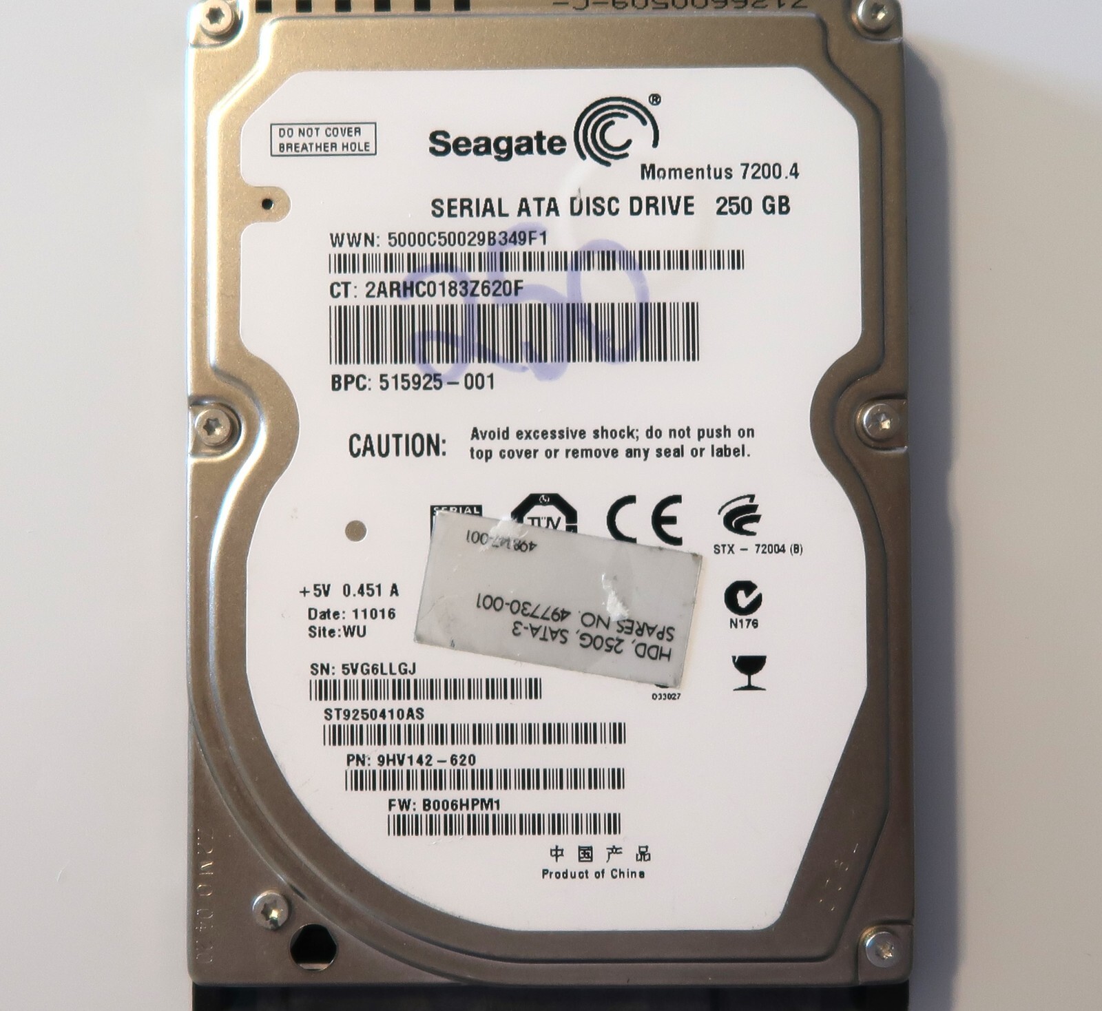 Seagate ST9250410AS 9HV142-620 B006HPM1 (5VG6) WU China 2.5" 250gb Sata 07/2010