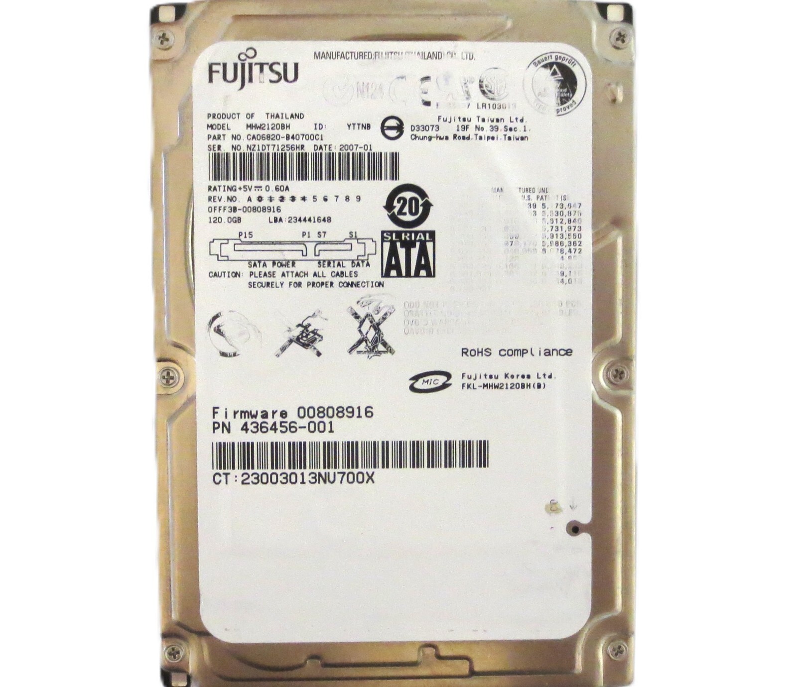 Fujitsu MHW2120BH CA06820-B40700C1 0FFF3B-0080916 (NZ1) Thailand 120gb 2007-01