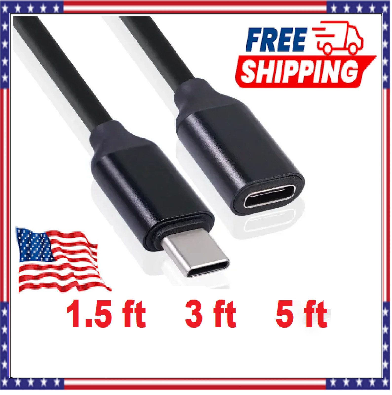 1.5/3/5 Feet Type C USB 3.1 Male to USB-C Female Extension Data Cable Cord Black