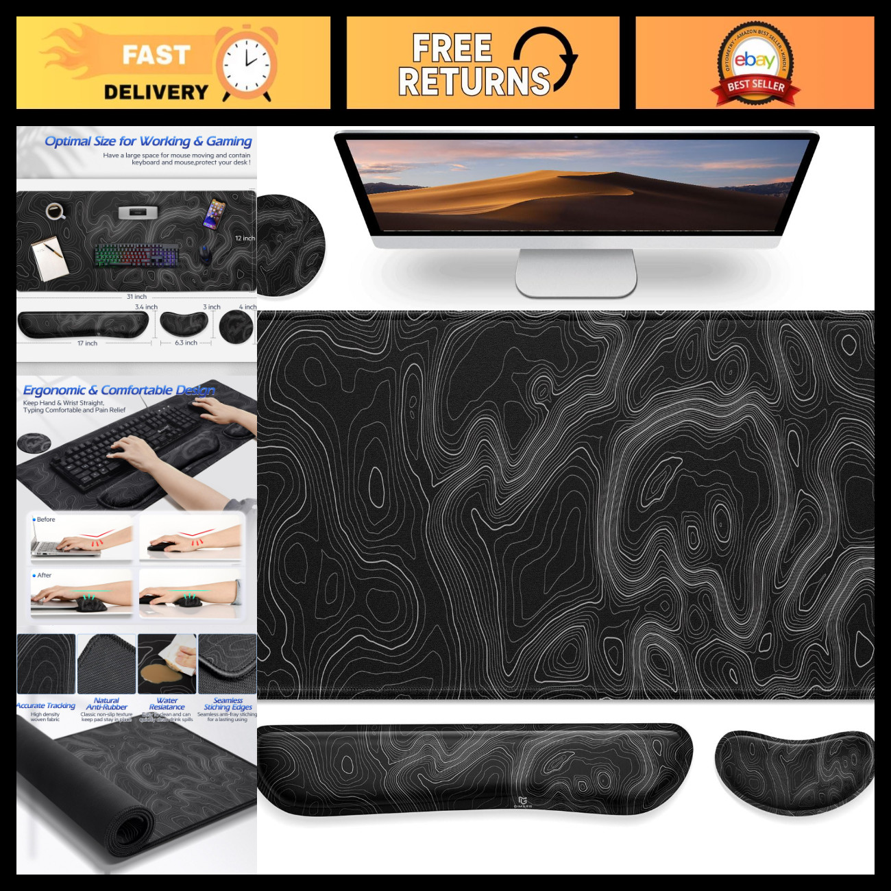Large Memory Foam Mouse Pad & Keyboard Wrist Rest Set - Ergonomic Gaming/Office