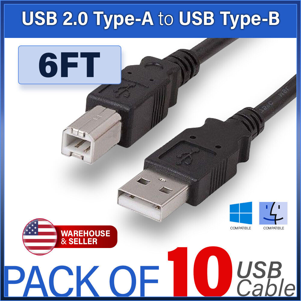 10PCS 6 Ft USB 2.0 Type-A-Male to Type-B Male Printer Cable in Black