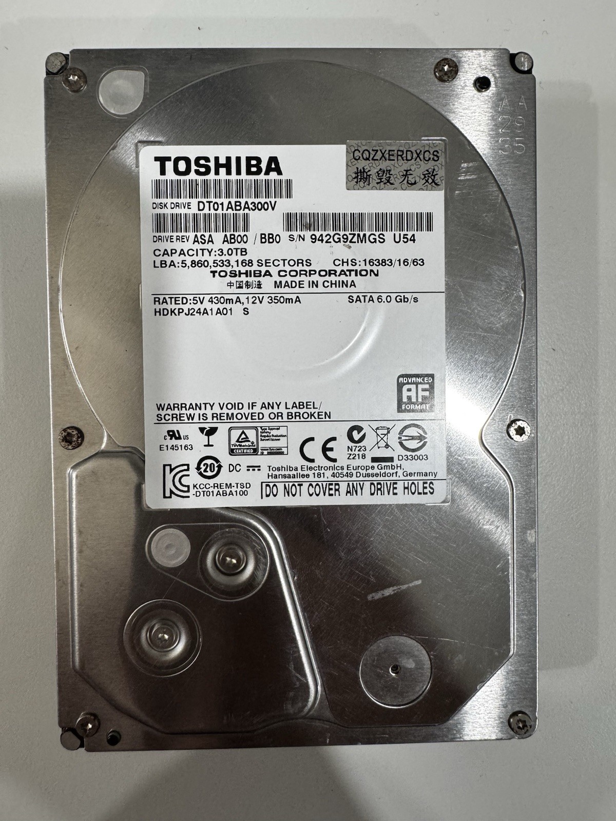 Toshiba DT01ACA300 3TB 7200 RPM 6.0 GB/s SATA Hard Drive, Low Power-On Hours