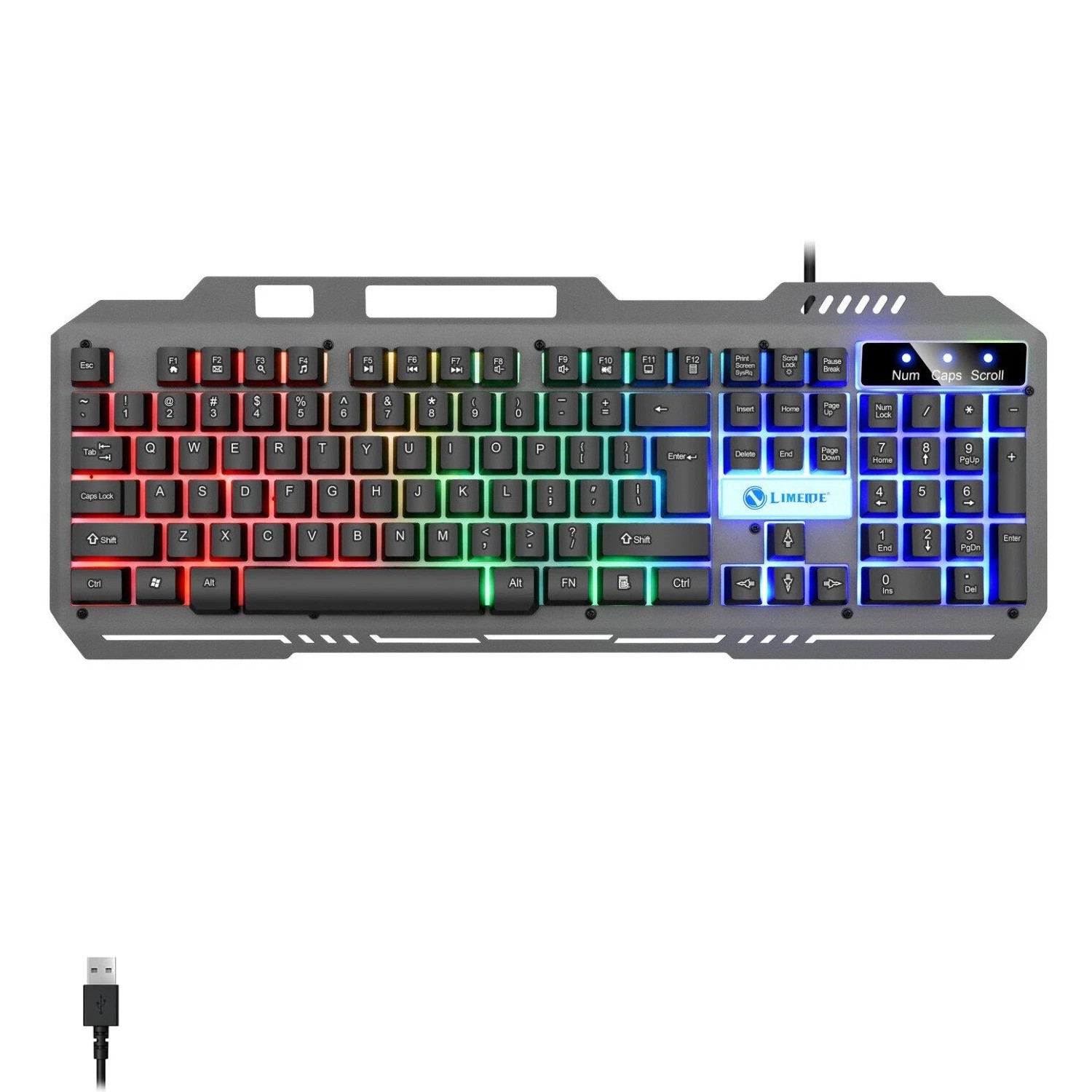 104 Key Wired Gaming Keyboard Rainbow RGB Backlit Metal Panel Phone Holder Stand