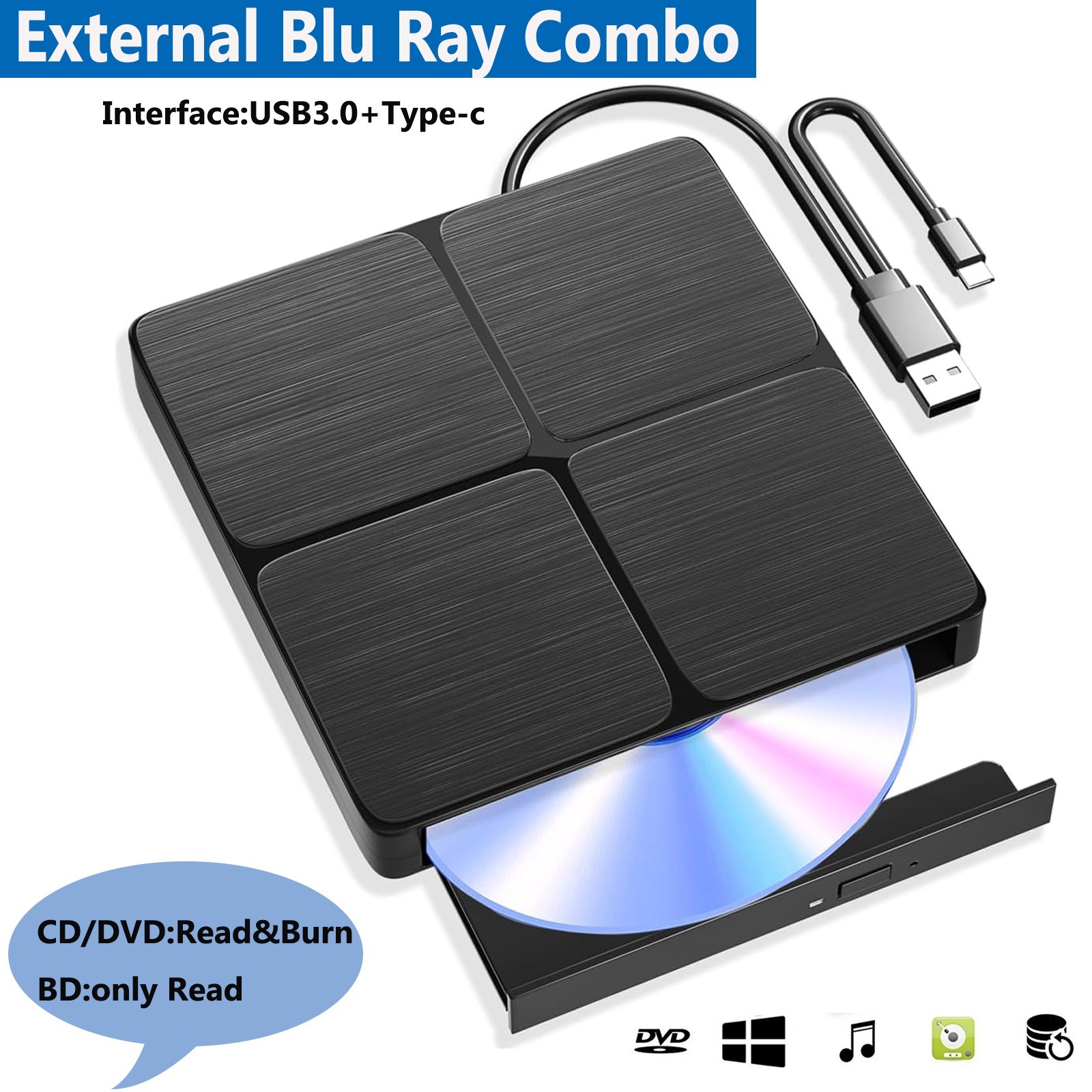 External Blu ray Drive USB3.0 BD Combo Drive CD/DVD Burner Writer  for PC Laptop