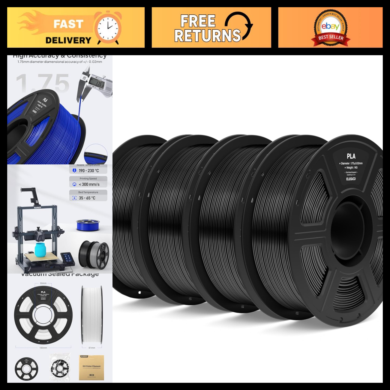 High-Quality 1.75mm Black PLA 3D Printer Filament - 4KG Spool for Smooth Printin