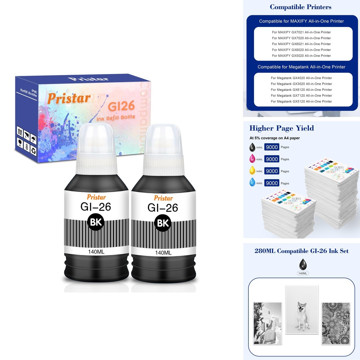 GI-26 Black Ink Refill Bottles Compatible for Canon MAXIFY GX7021 GX7120 GX4020
