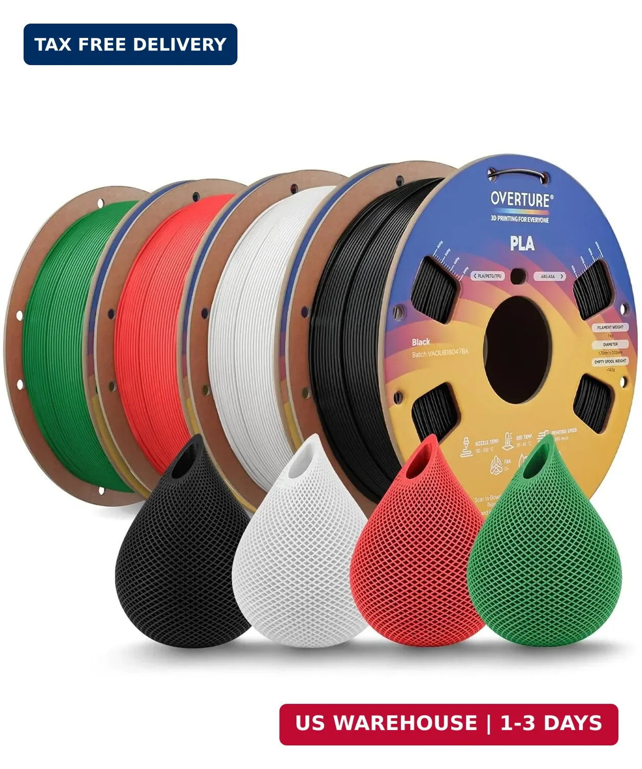 OVERTURE 4KG Bundle High Speed PLA Filament 1.75mm, Neatly Wound 3D Printer Fila